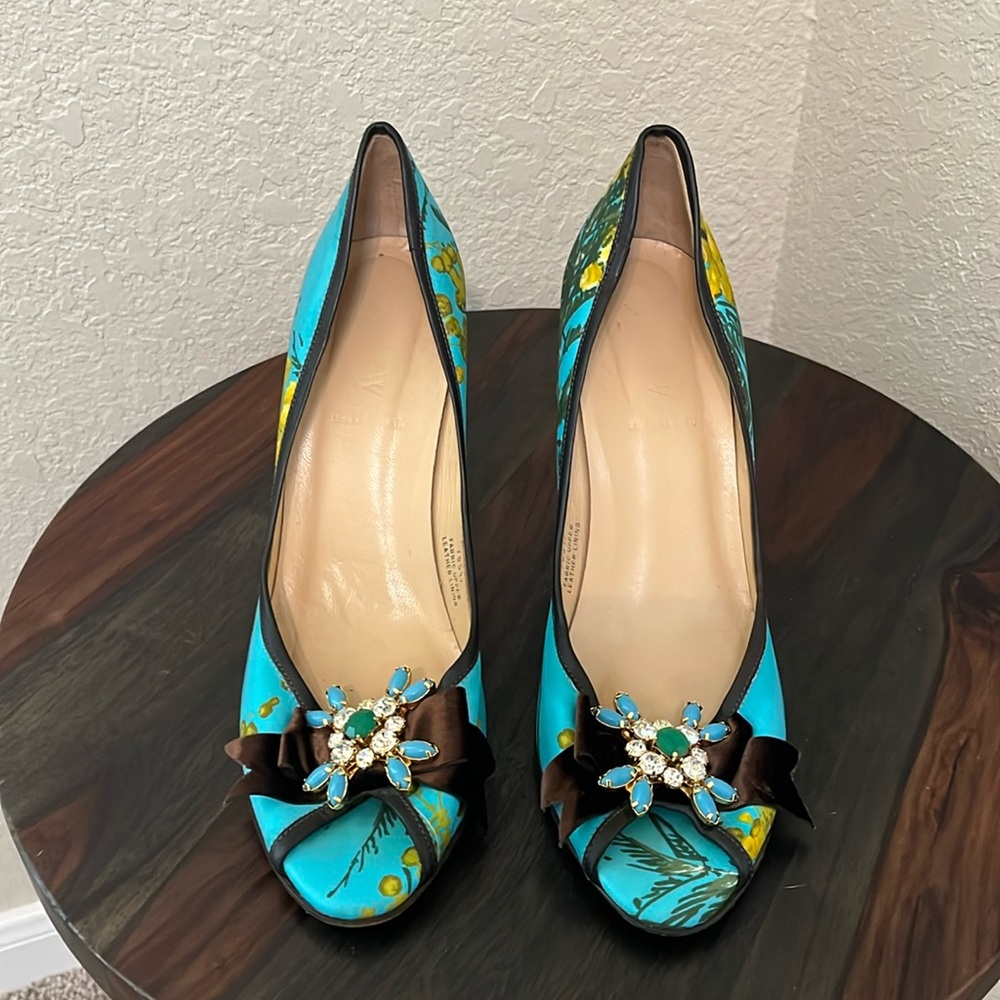 J. Crew Floral High Heel with Velvet & Jewel Trim